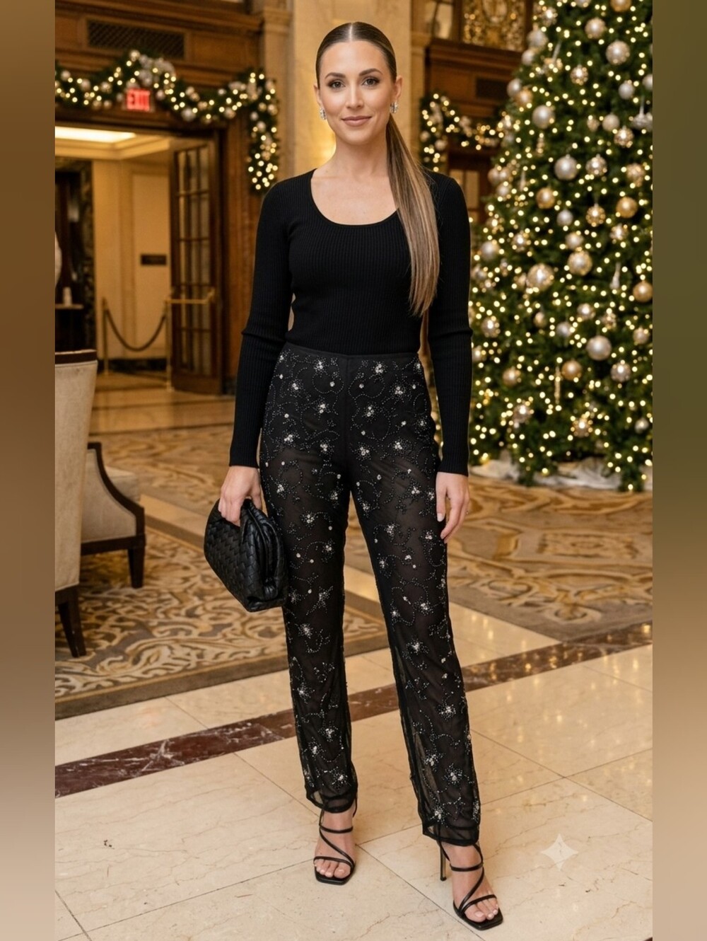 LAUNDRY By Shelli Segal Black Beaded Mesh Pants